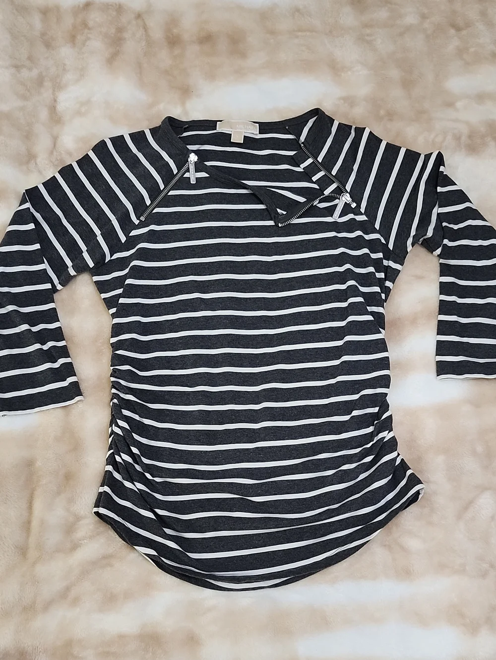 Michael Kors Gray and White Striped 3/4 Sleeve Zipper Raglan Tee Shirt